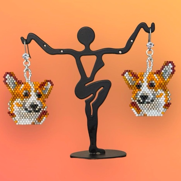 Beaded Welsh Corgi face earrings with CZ earring hooks - Corgi mom gift - Picture 3 of 4
